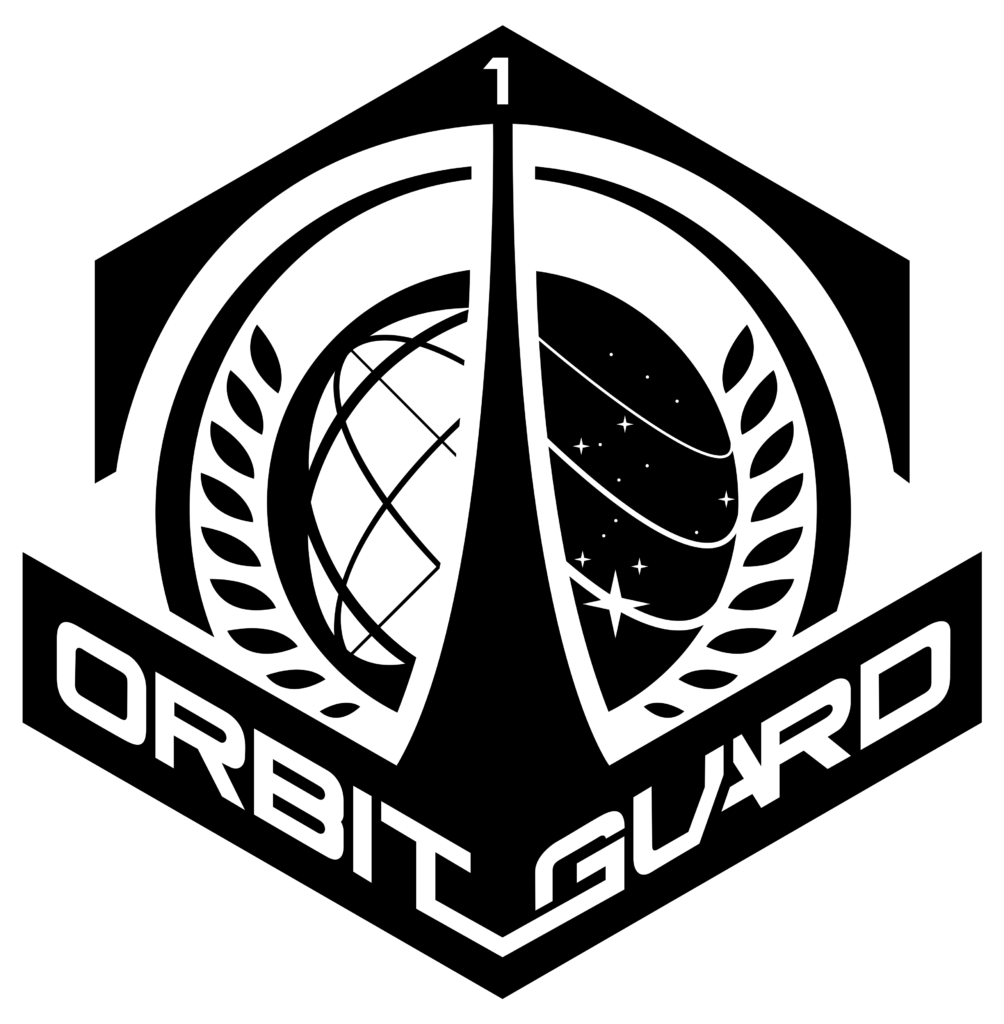 logo noir et blanc du satellite orbit guard avec des formes d'orbits et etoiles 